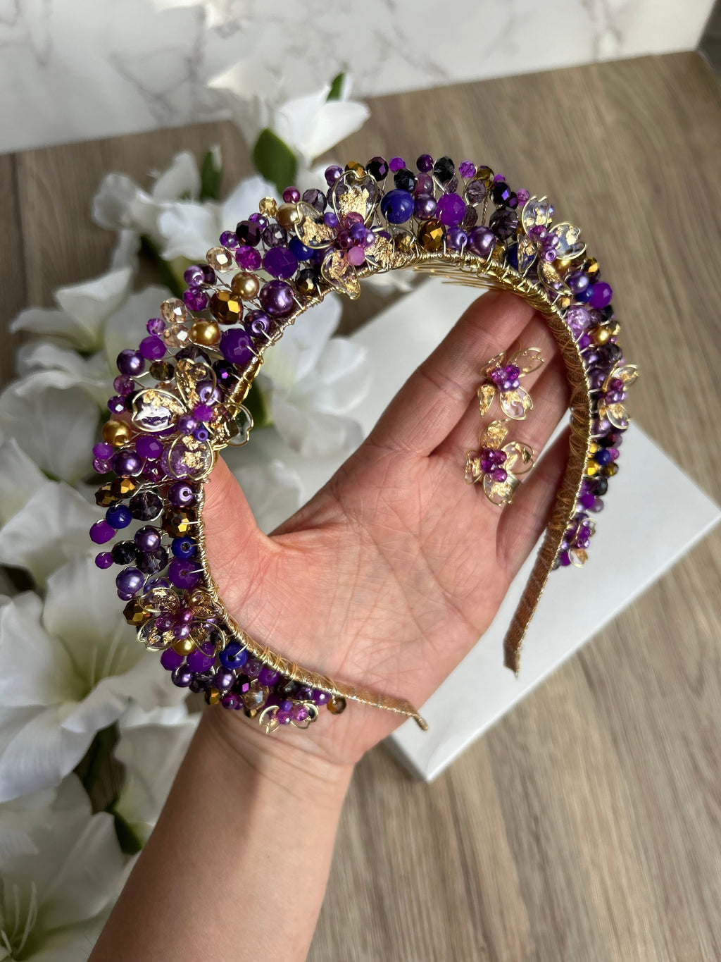 Stunning Purple and Gold flora crown Stunning Purple and Gold flora crown Precius pearls