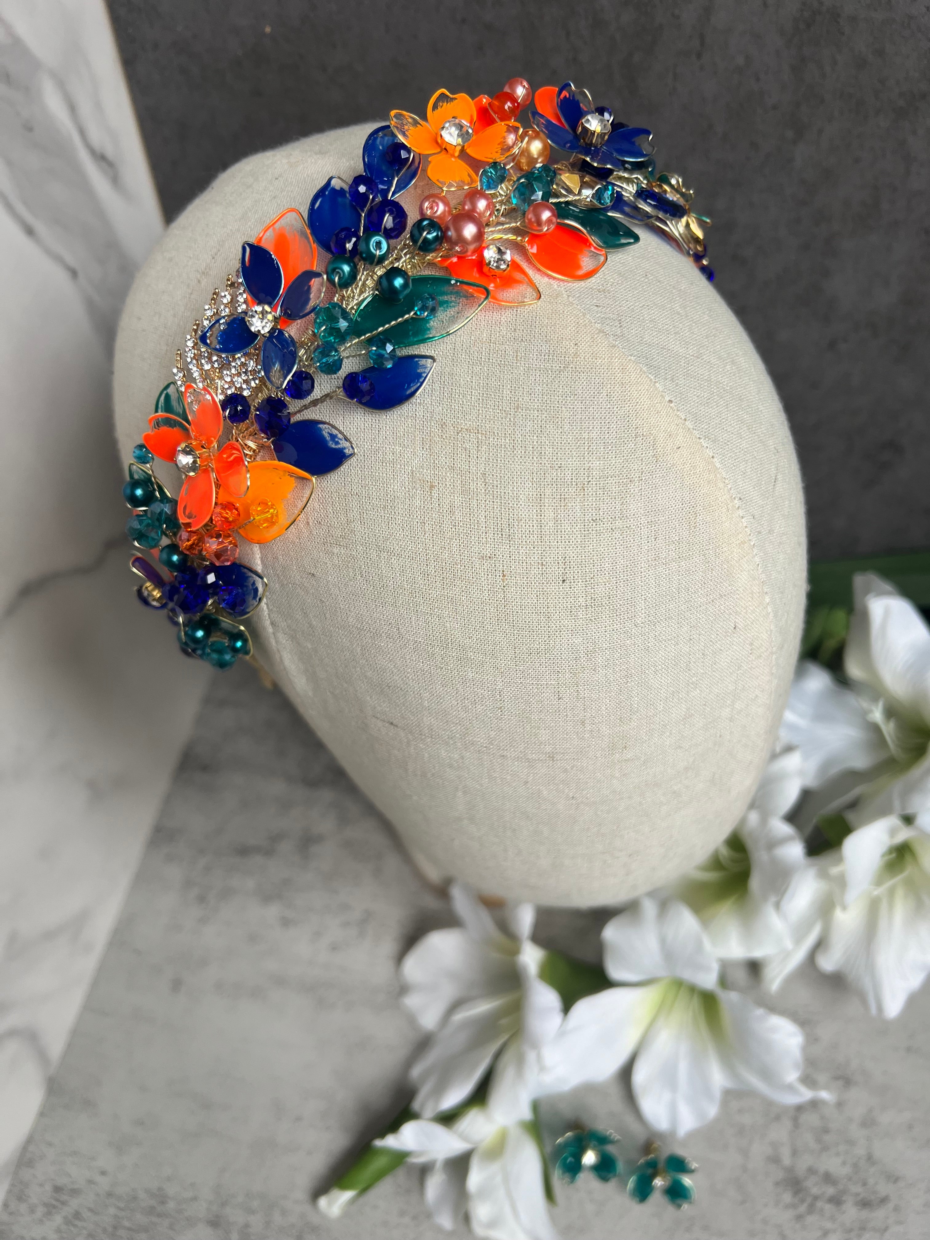 Orange, Teal and Royal Blue wedding guest headpiece Orange, Teal and Royal Blue wedding guest headpiece Precius pearls