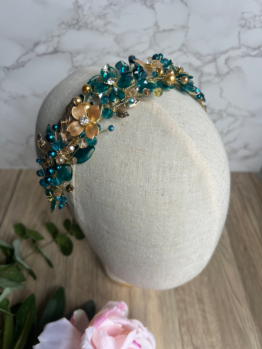 Teal low style wedding guest headpiece Teal low style wedding guest headpiece Precius pearls