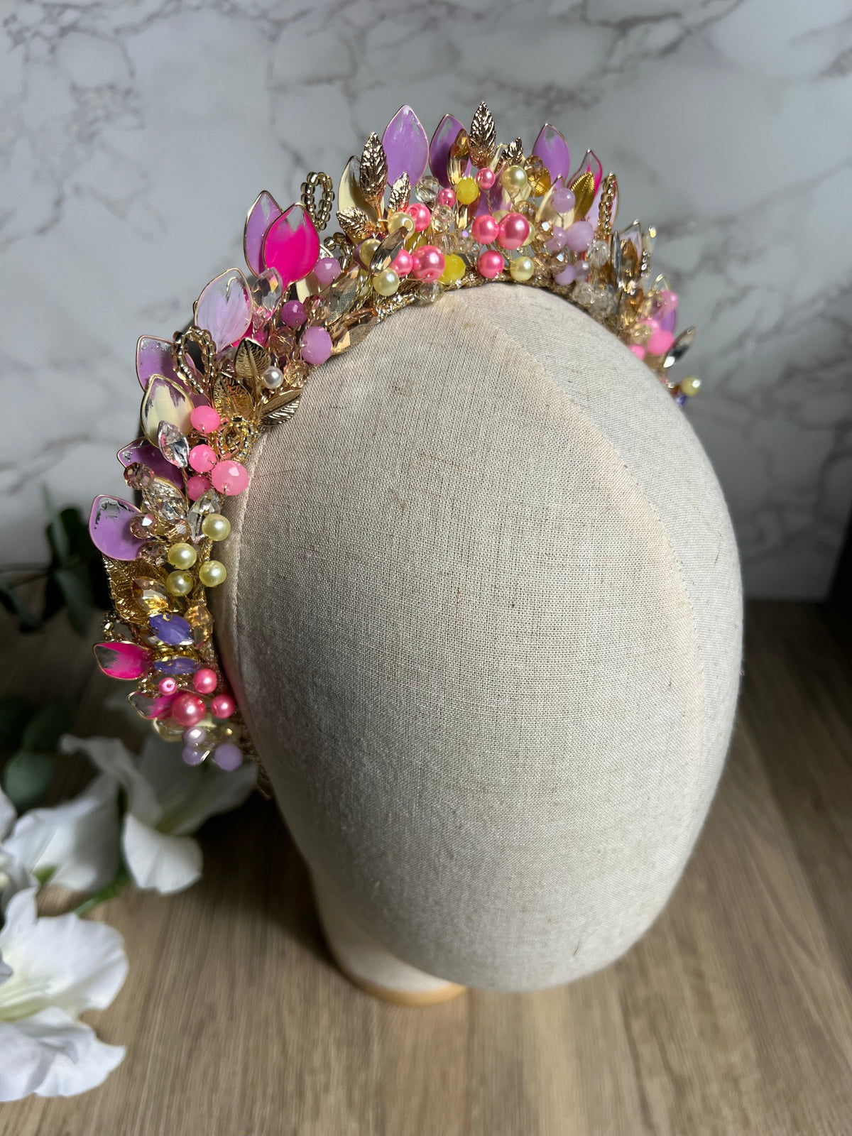 Crystal Bloom: A Colorful Pointed Wedding Guest Crown adorned with Bright Crystals and Pearls Crystal Bloom: A Colorful Pointed Wedding Guest Crown adorned with Bright Crystals and Pearls Precius pearls