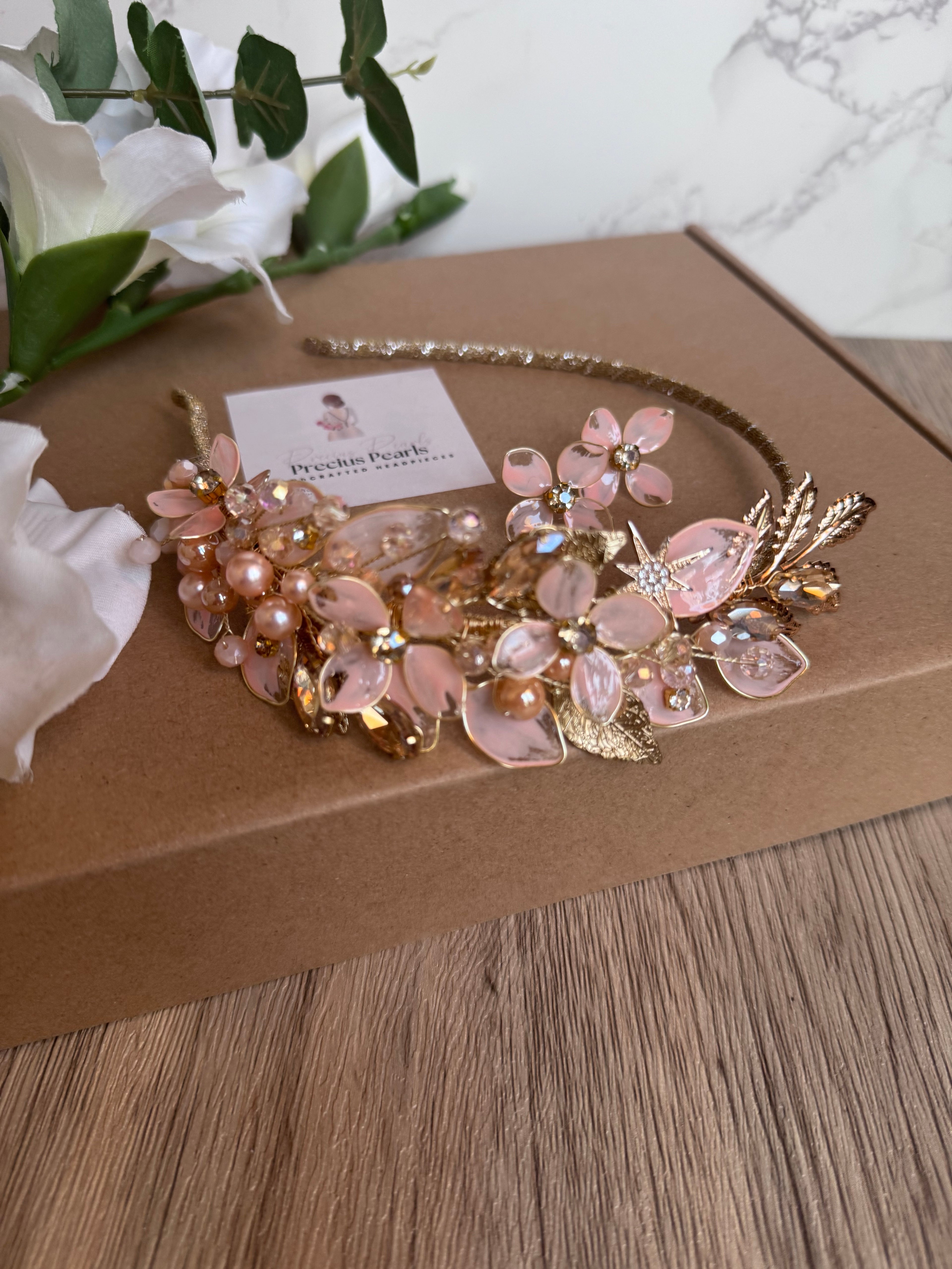 Pink Beige and Gold headpiece Pink Beige and Gold headpiece Precius pearls