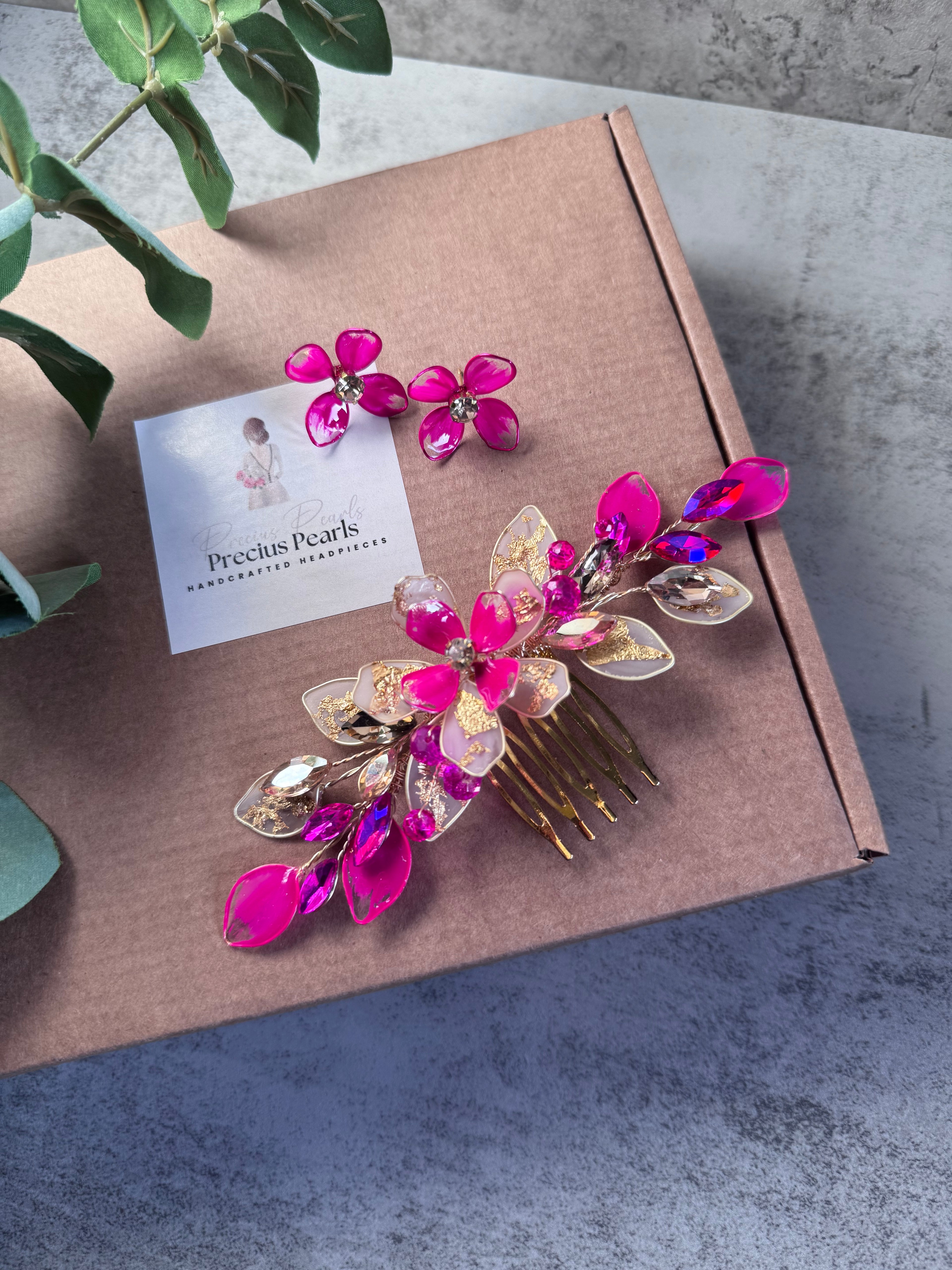Fucshia and Frosted gold wedding guest comb