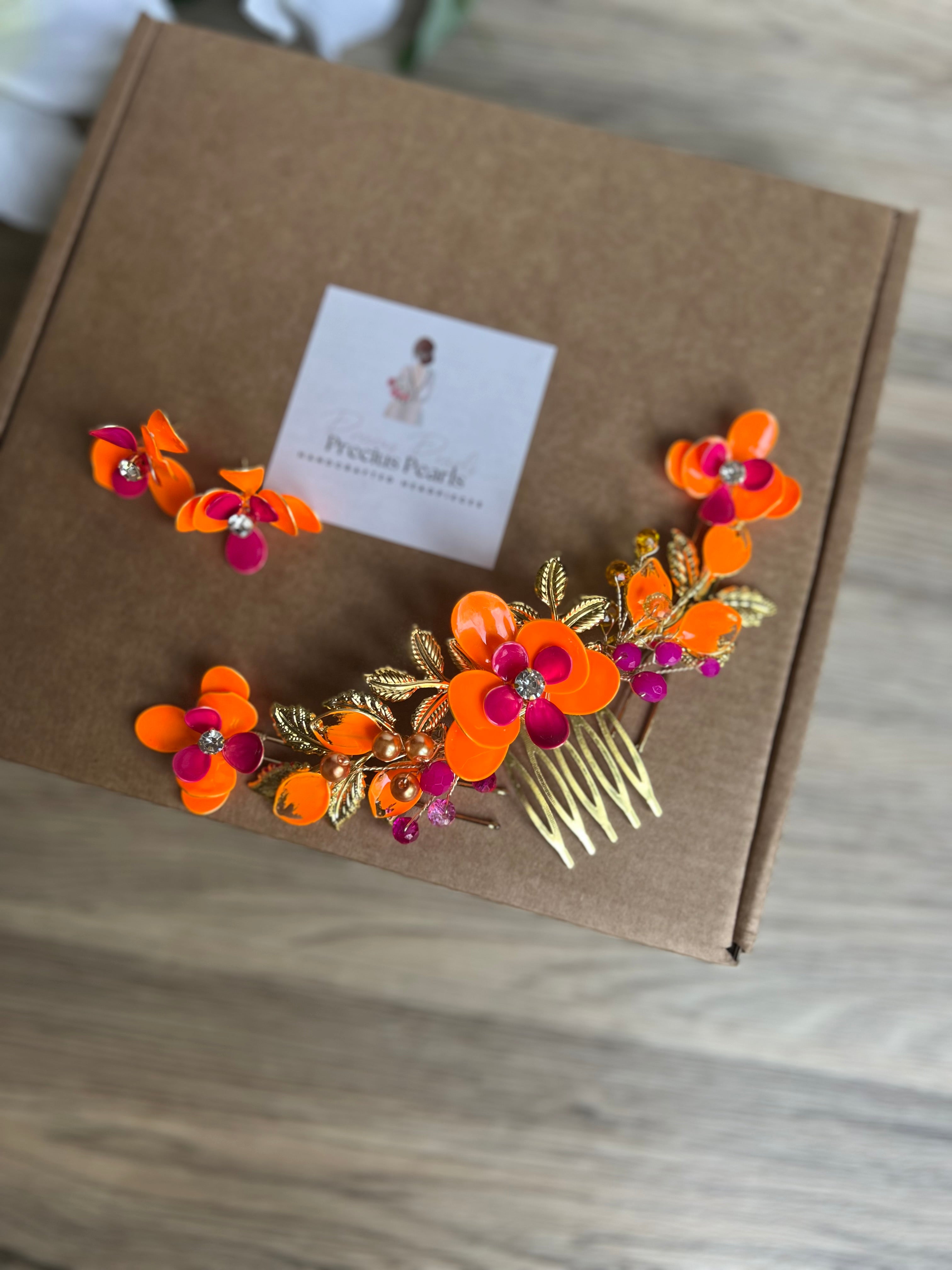 Orange and Fucshia Orchid comb set with Earrings Orange and Fucshia Orchid comb set with Earrings Precius pearls