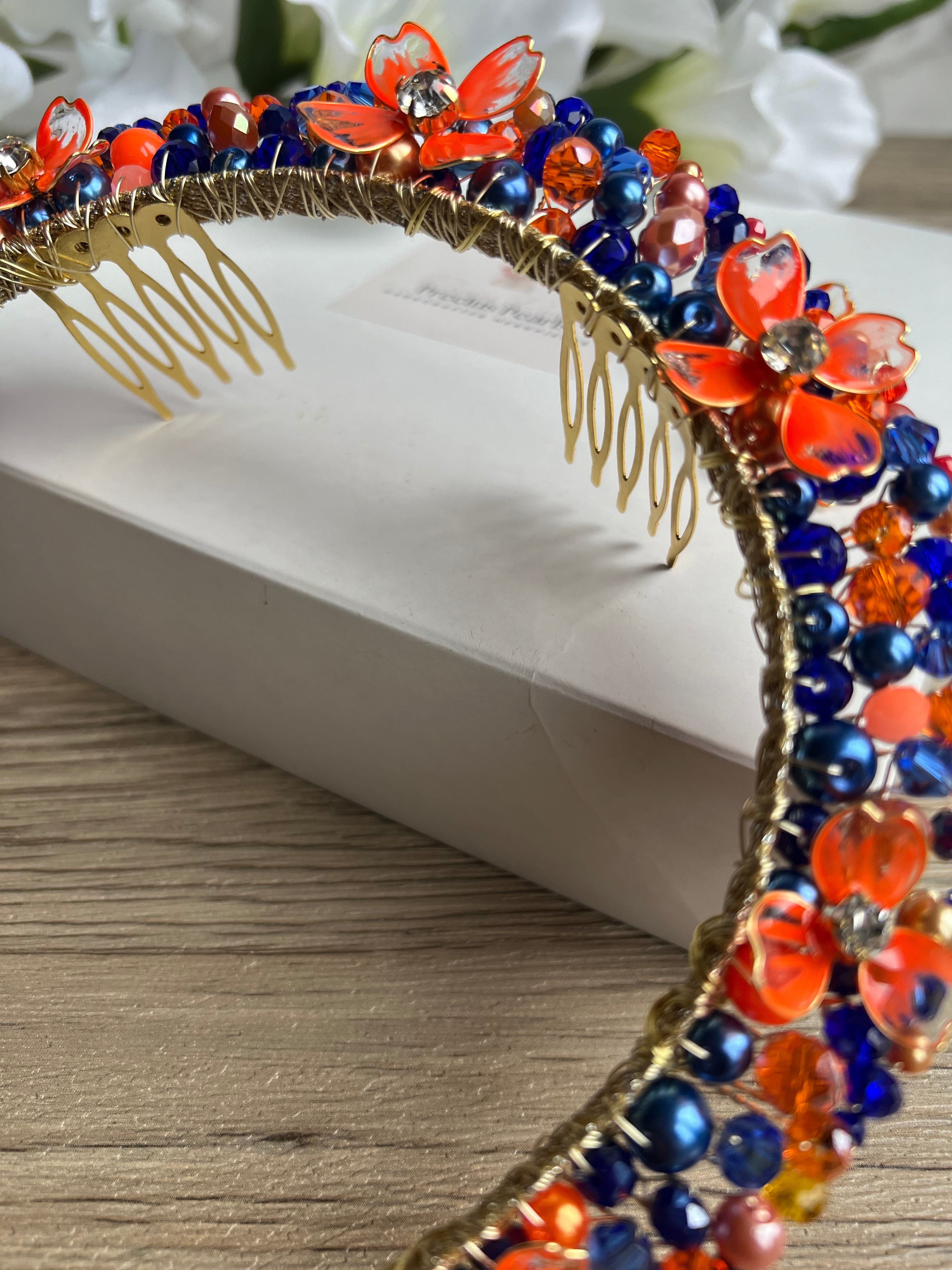 Royal Blue and Orange Flora crown Royal Blue and Orange Flora crown Precius pearls