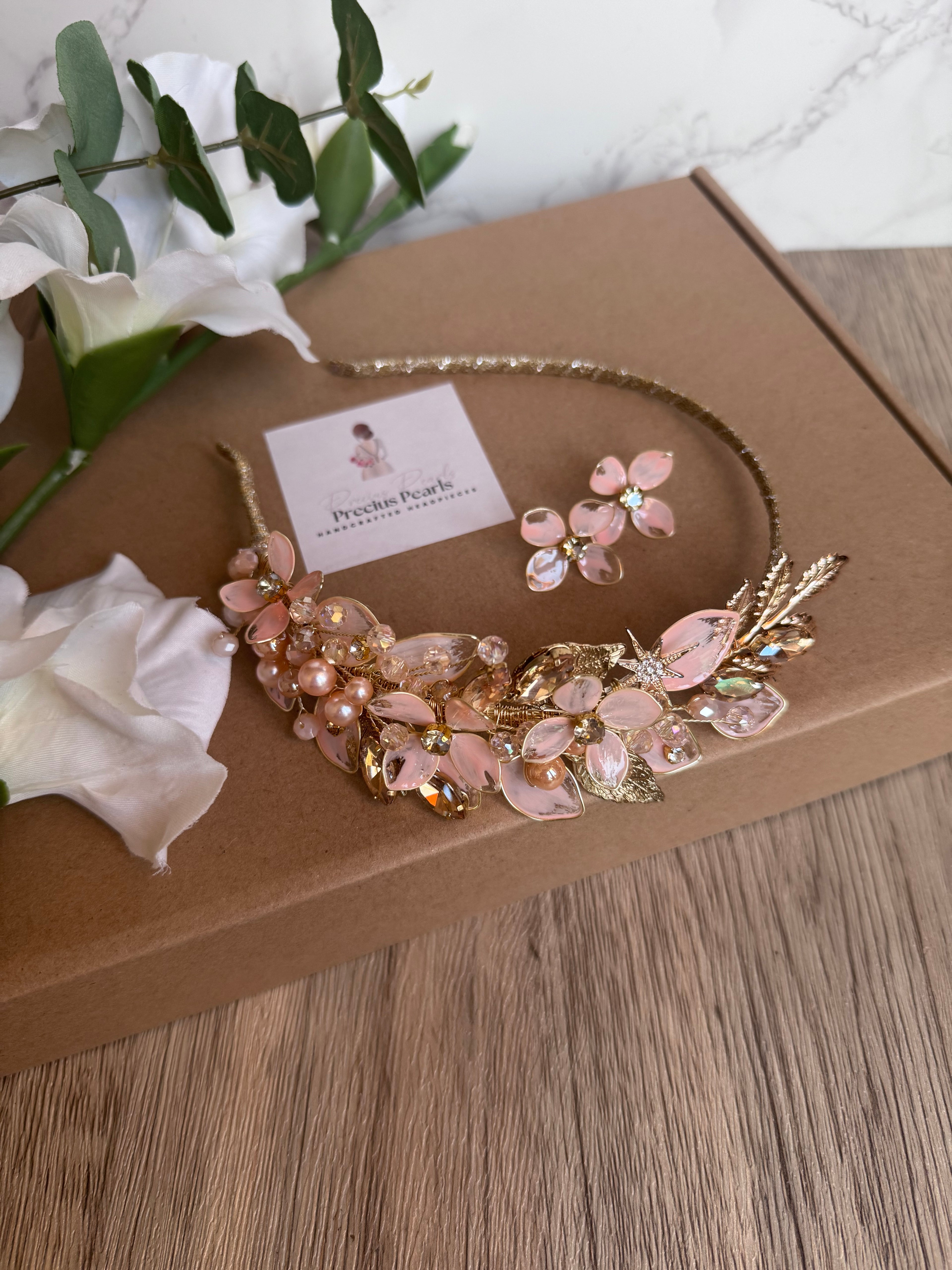 Pink Beige and Gold headpiece Pink Beige and Gold headpiece Precius pearls