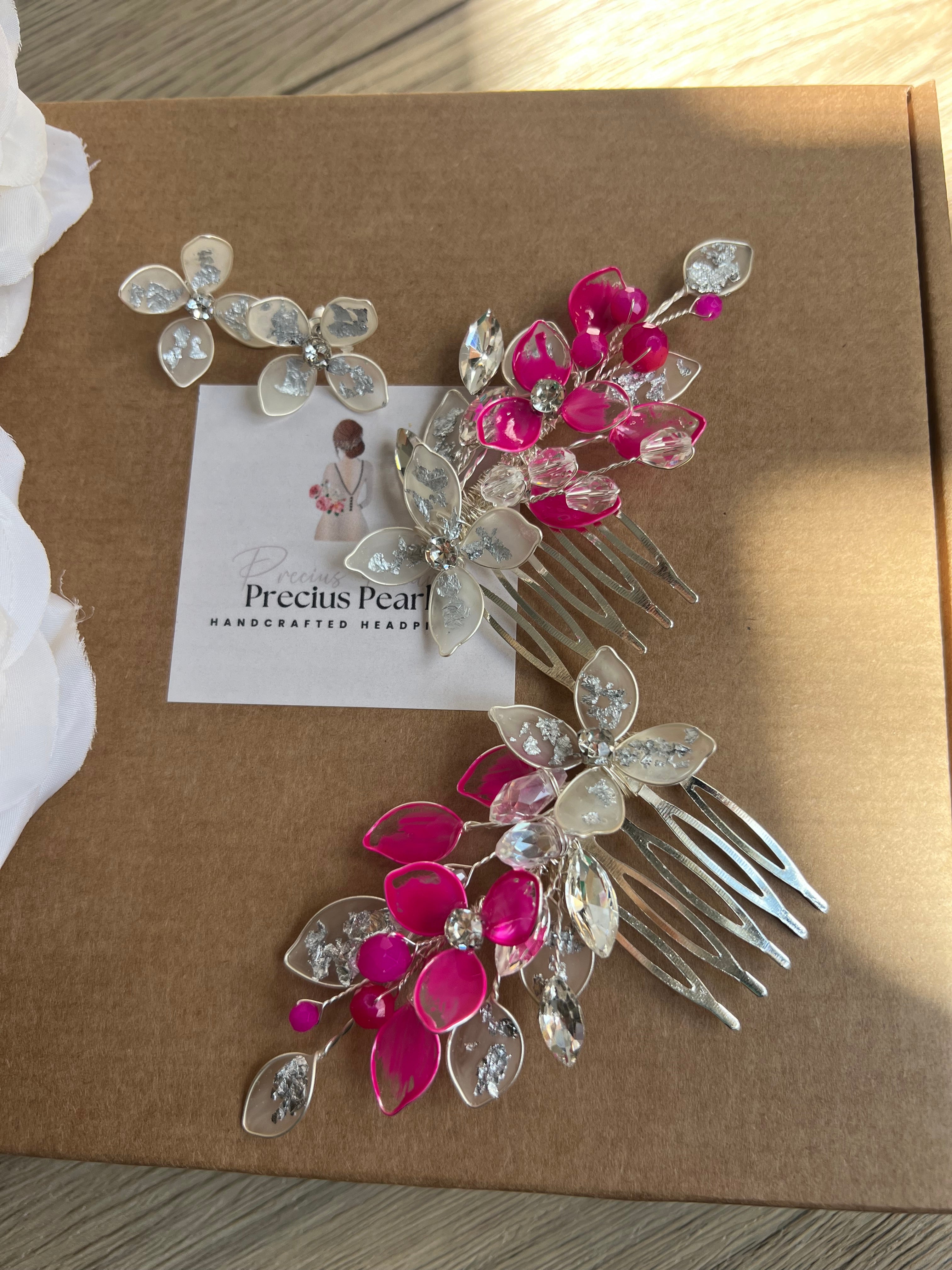 Eve Double comb in Fucshia and Silver Eve Double comb in Fucshia and Silver Precius pearls
