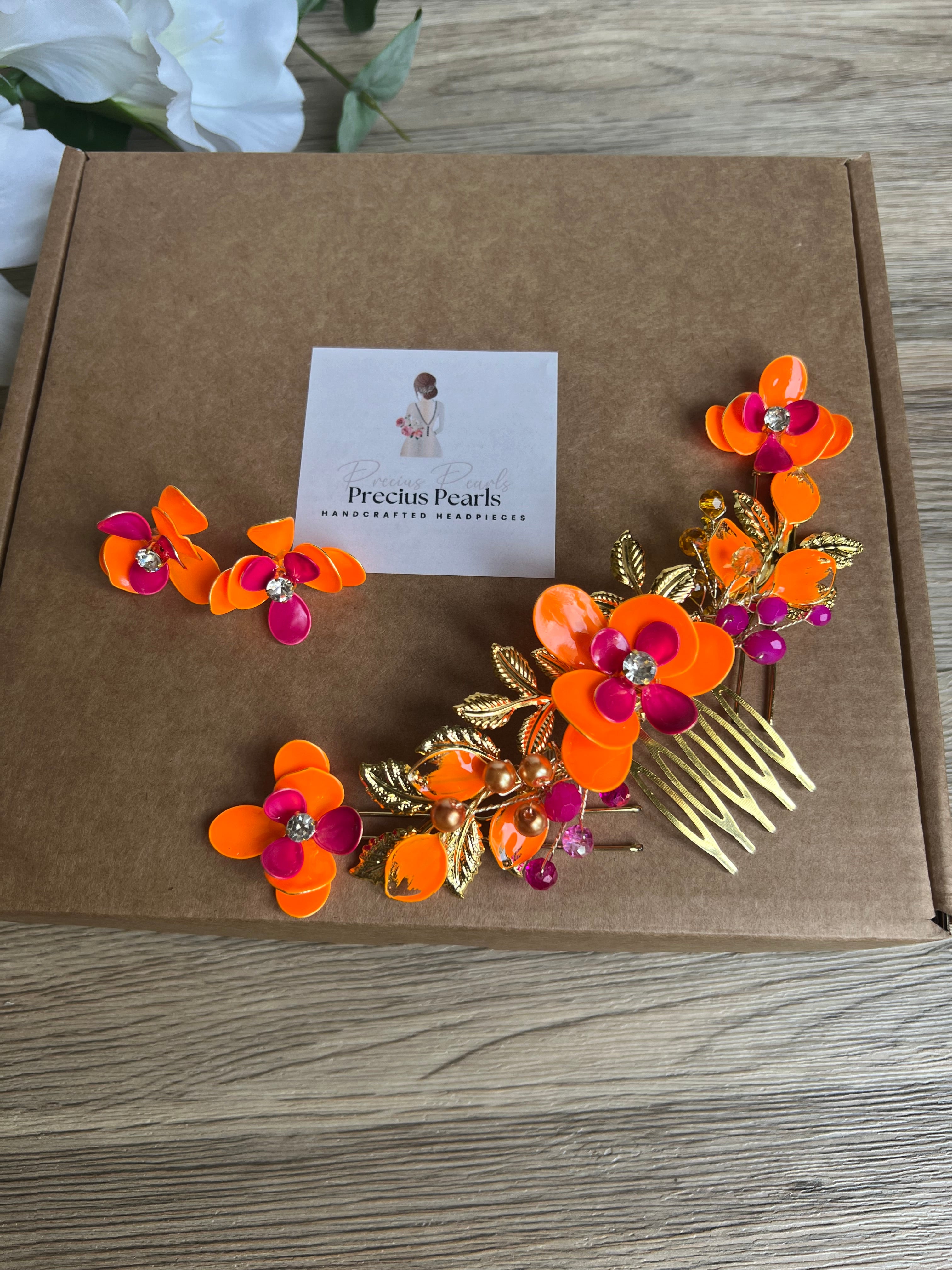 Orange and Fucshia Orchid comb set with Earrings Orange and Fucshia Orchid comb set with Earrings Precius pearls