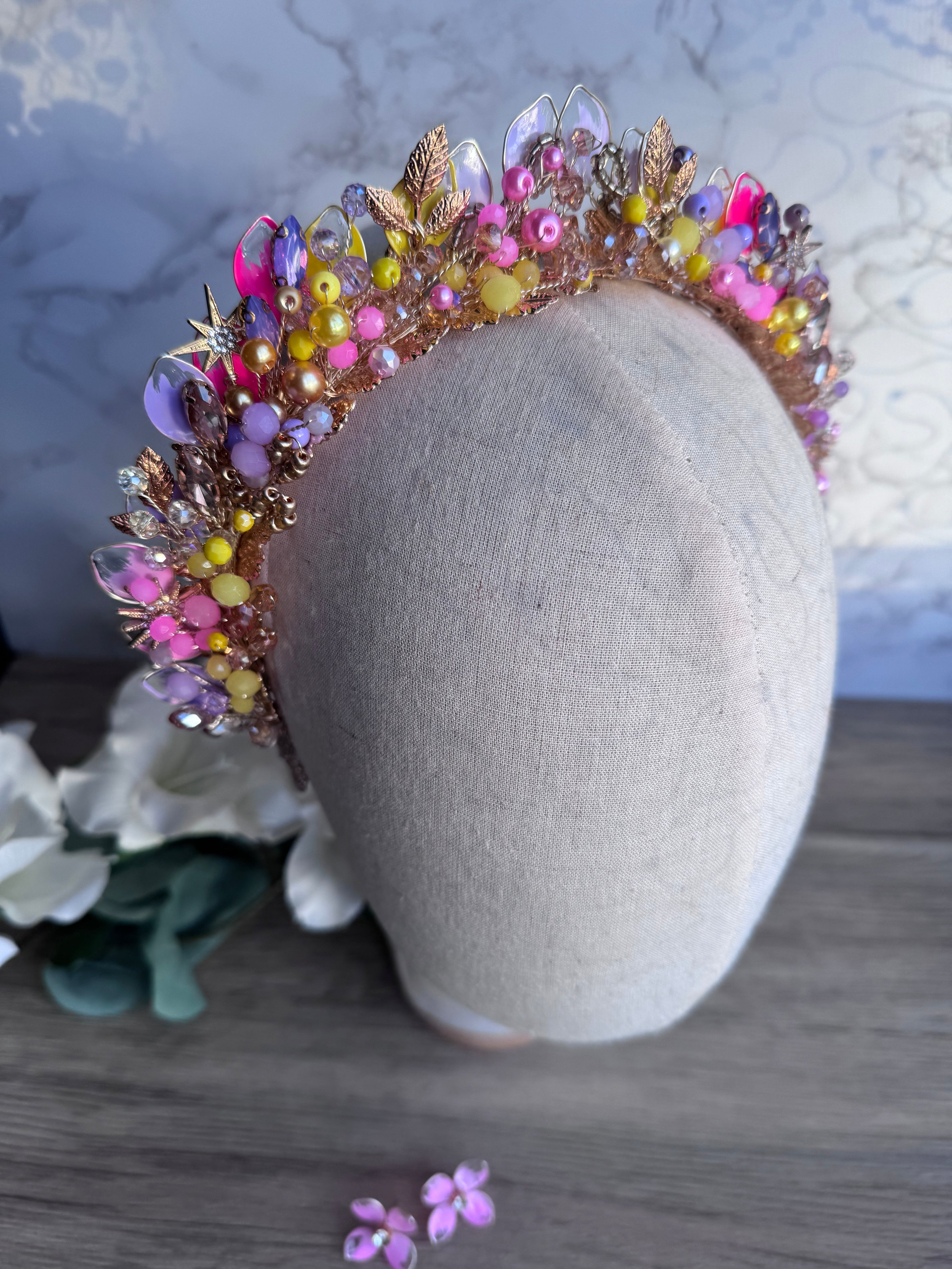 Crystal Bloom: A Colorful Pointed Wedding Guest Crown adorned with Bright Crystals and Pearls Crystal Bloom: A Colorful Pointed Wedding Guest Crown adorned with Bright Crystals and Pearls Precius pearls