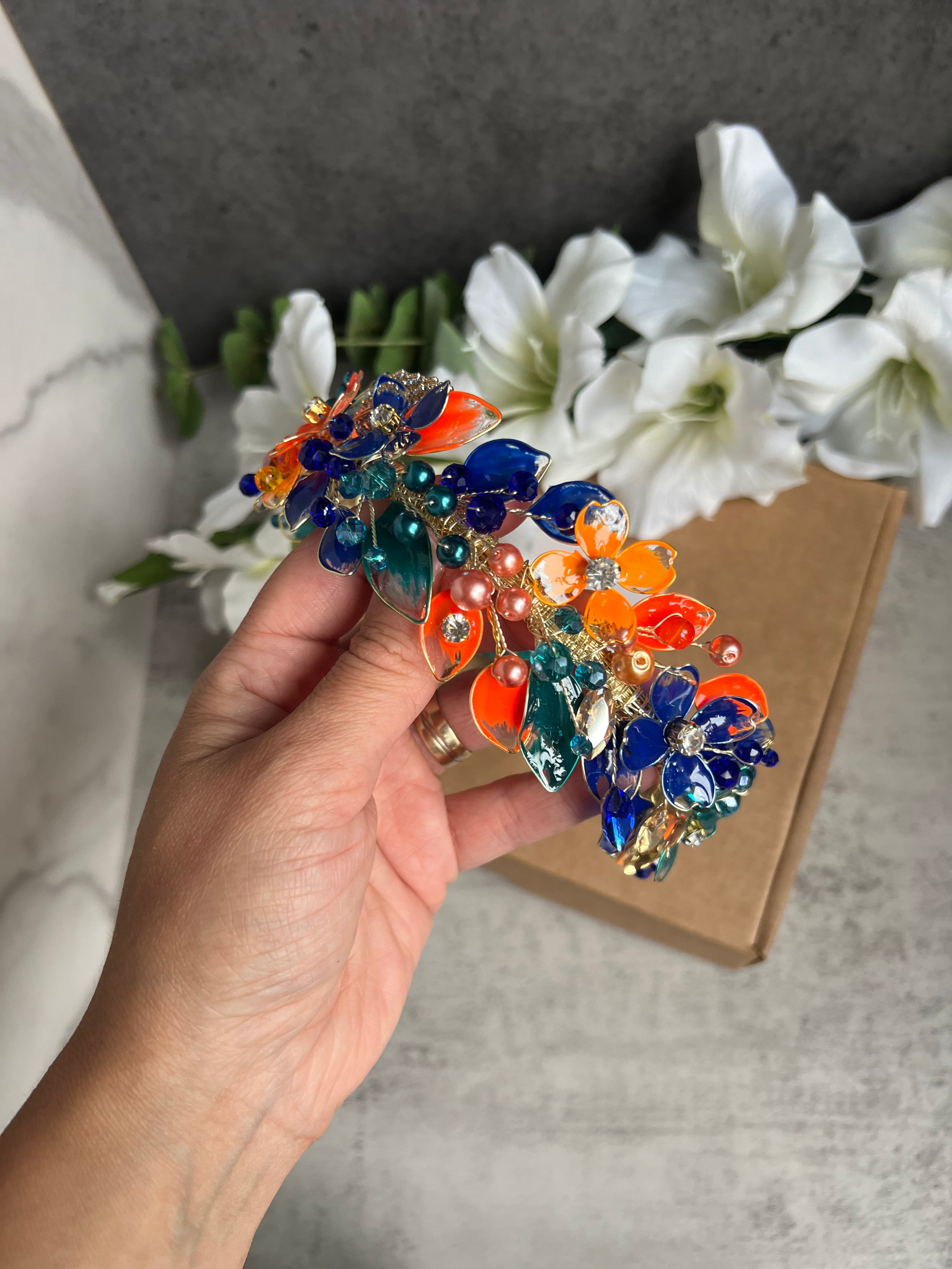 Orange, Teal and Royal Blue wedding guest headpiece Orange, Teal and Royal Blue wedding guest headpiece Precius pearls