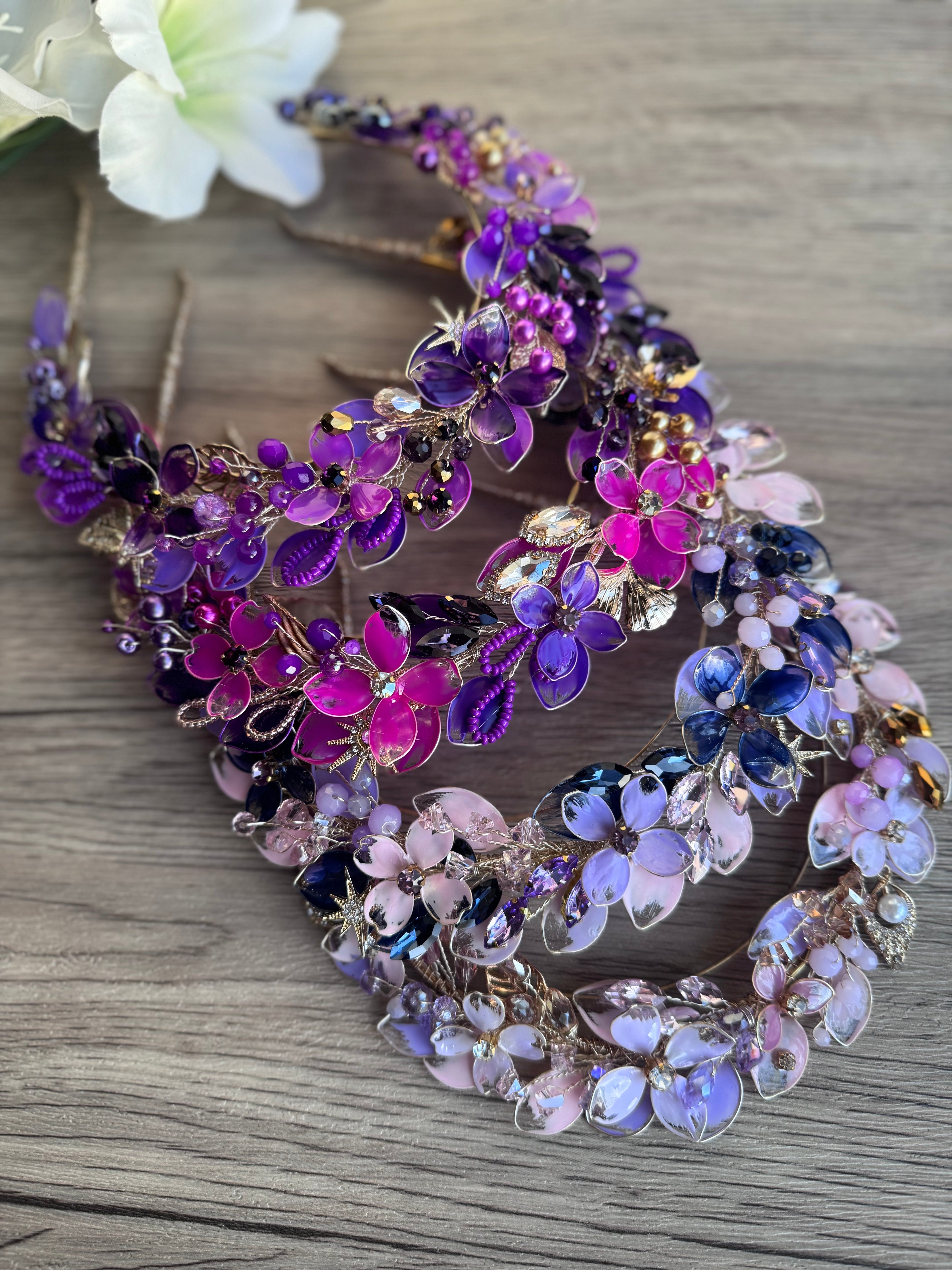 Purple wedding guest halo Purple wedding guest halo Precius pearls