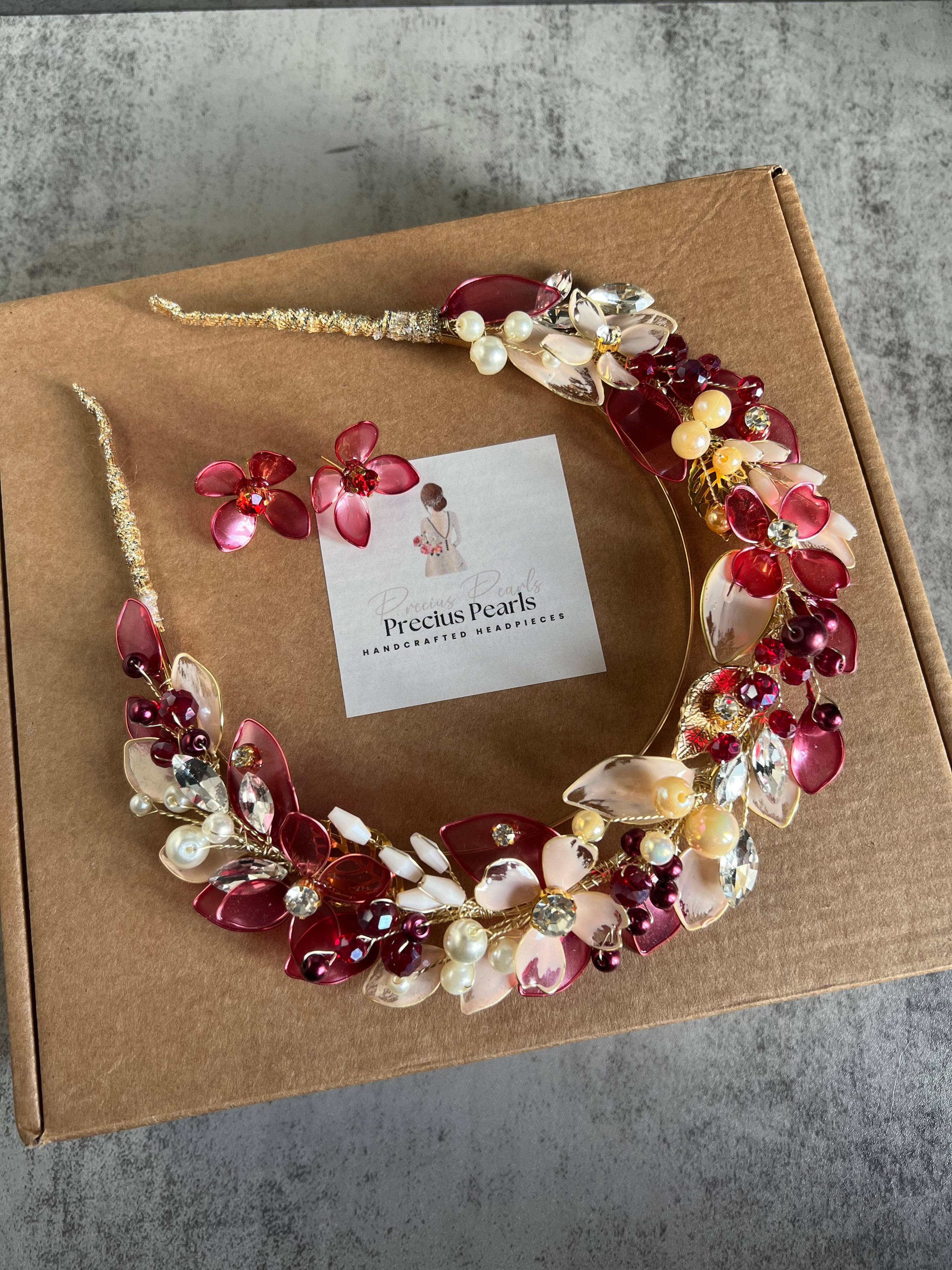 Berry/Burgundy and beige flower and leaf halo Berry/Burgundy and beige flower and leaf halo Precius pearls