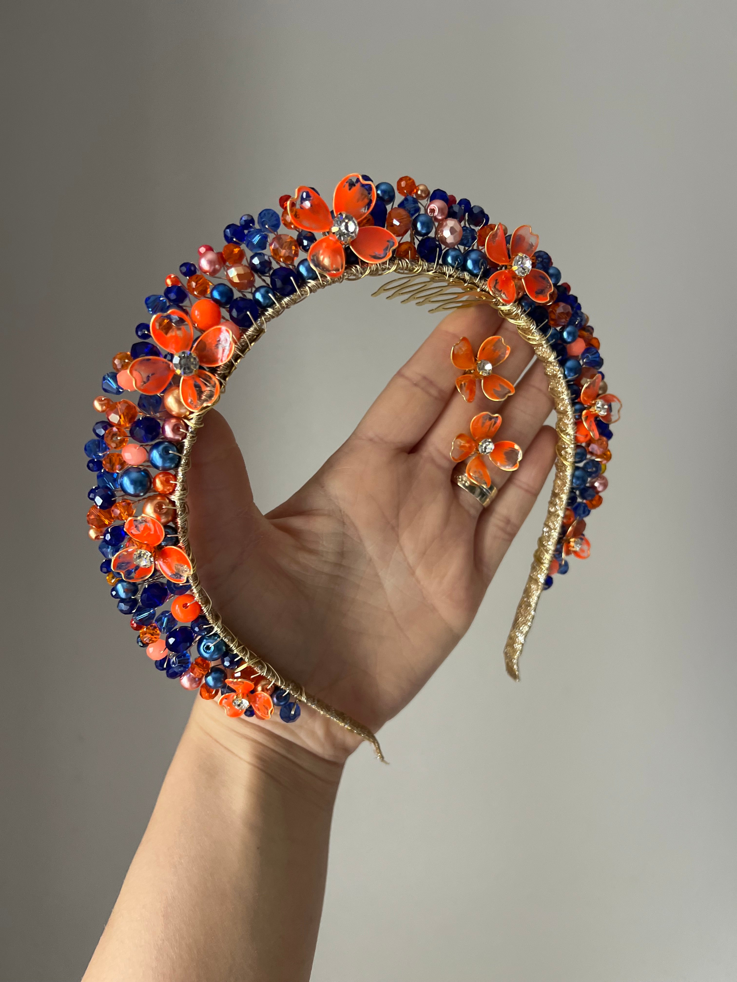 Royal Blue and Orange Flora crown Royal Blue and Orange Flora crown Precius pearls