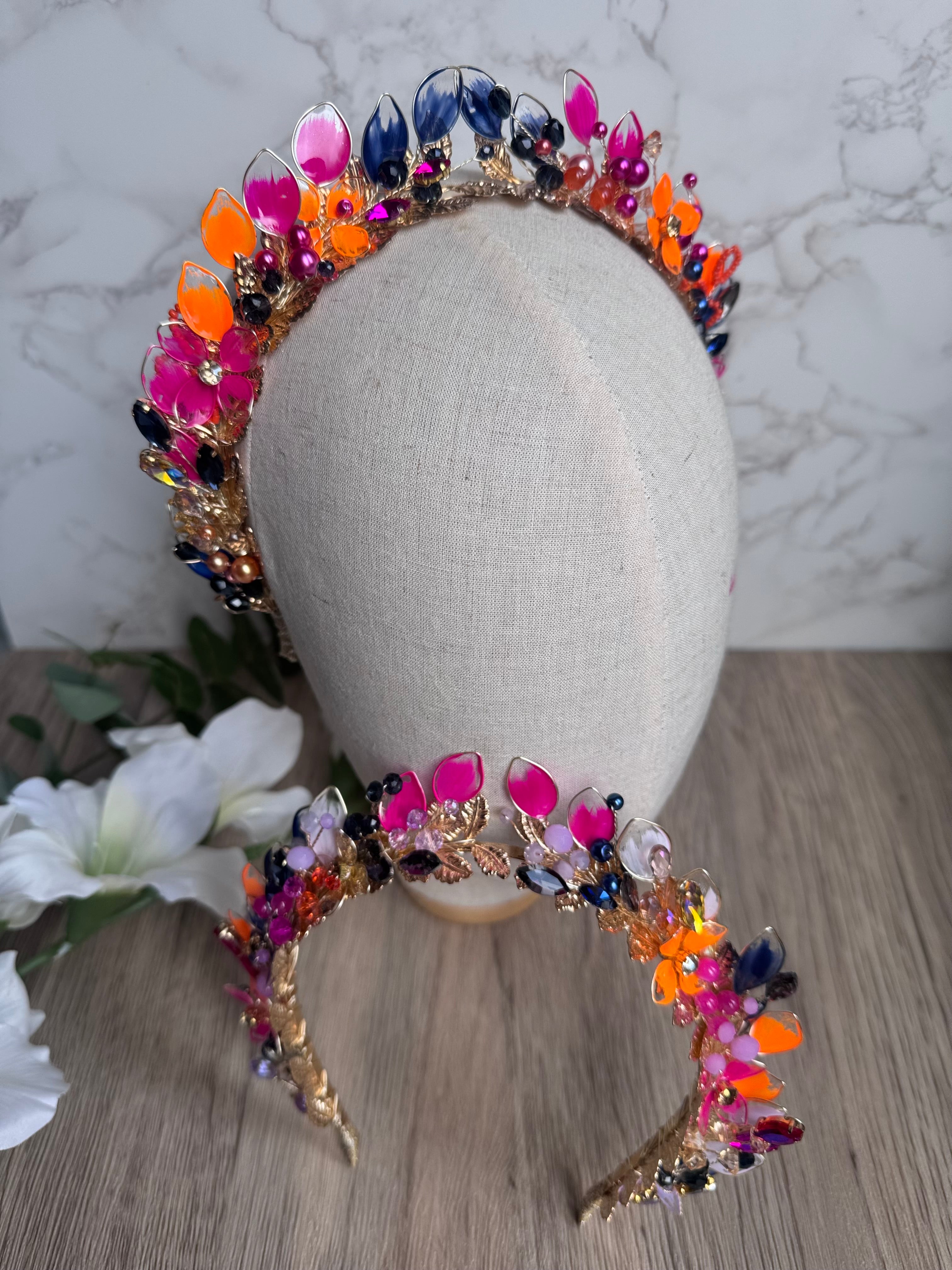 Fucshia, Navy and Orange pointed crown Fucshia, Navy and Orange pointed crown Precius pearls