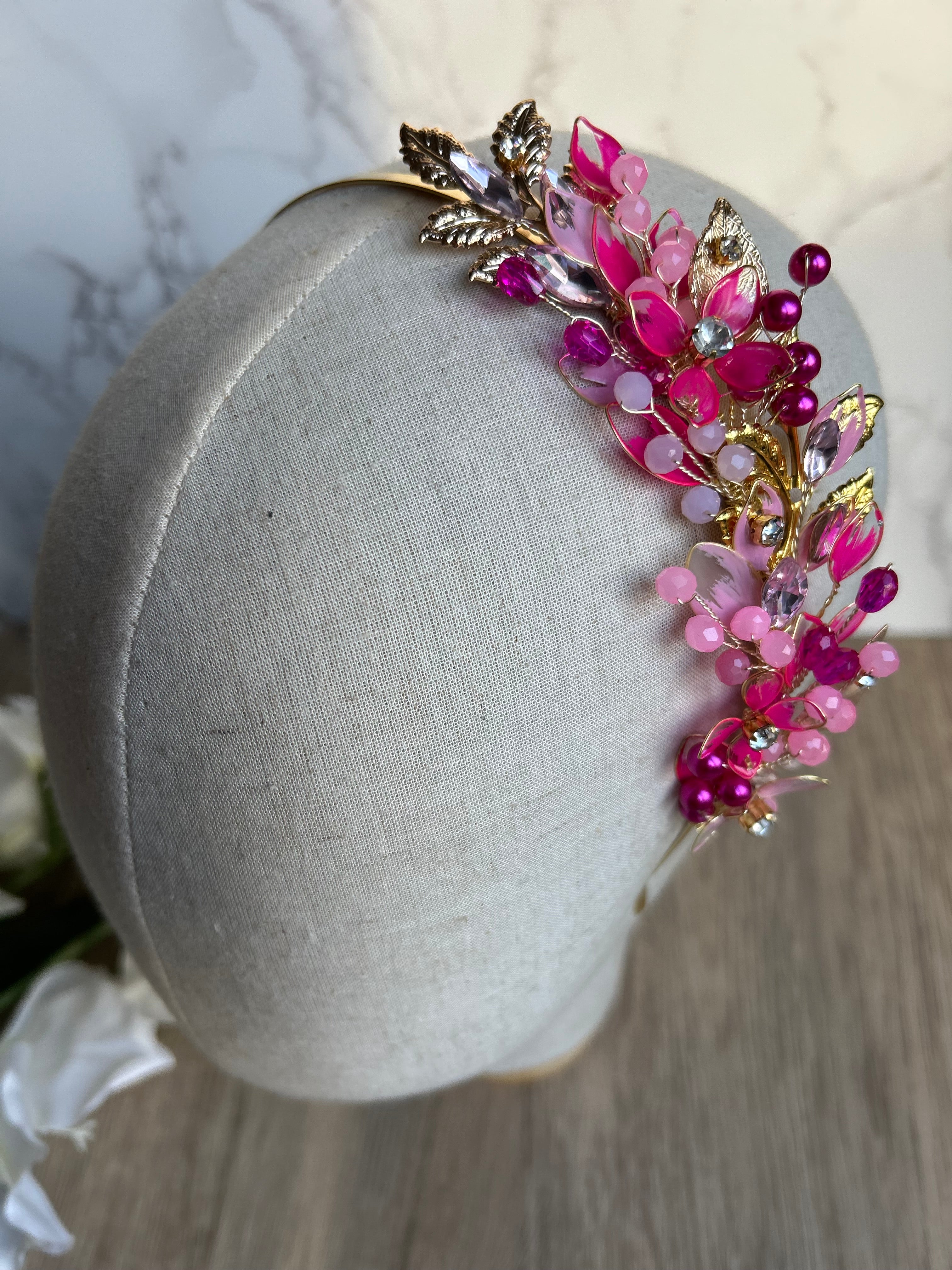 Pastel pink and Gold low side headpiece Pastel pink and Gold low side headpiece Precius pearls