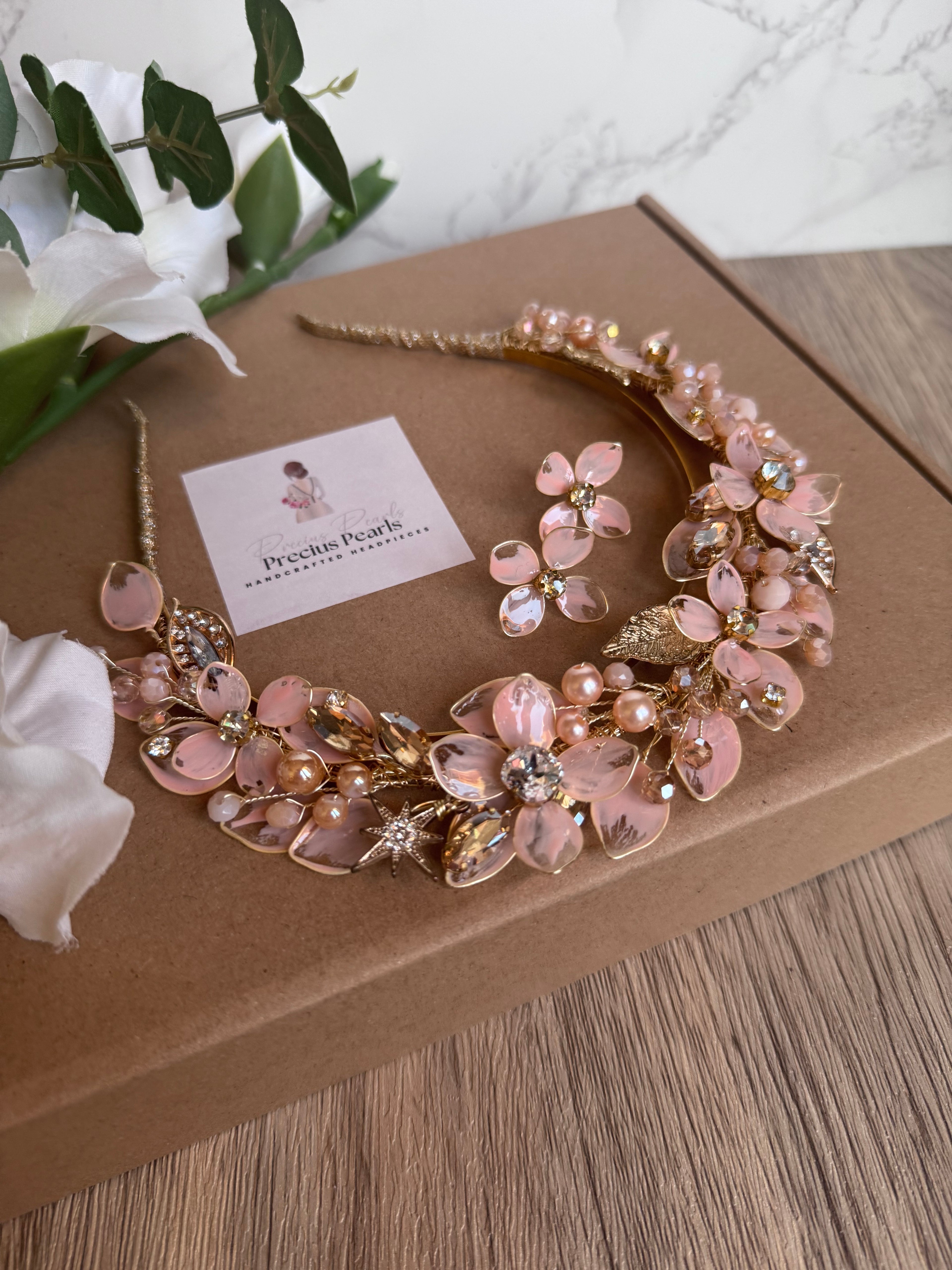 Pink Beige and Gold headpiece Pink Beige and Gold headpiece Precius pearls
