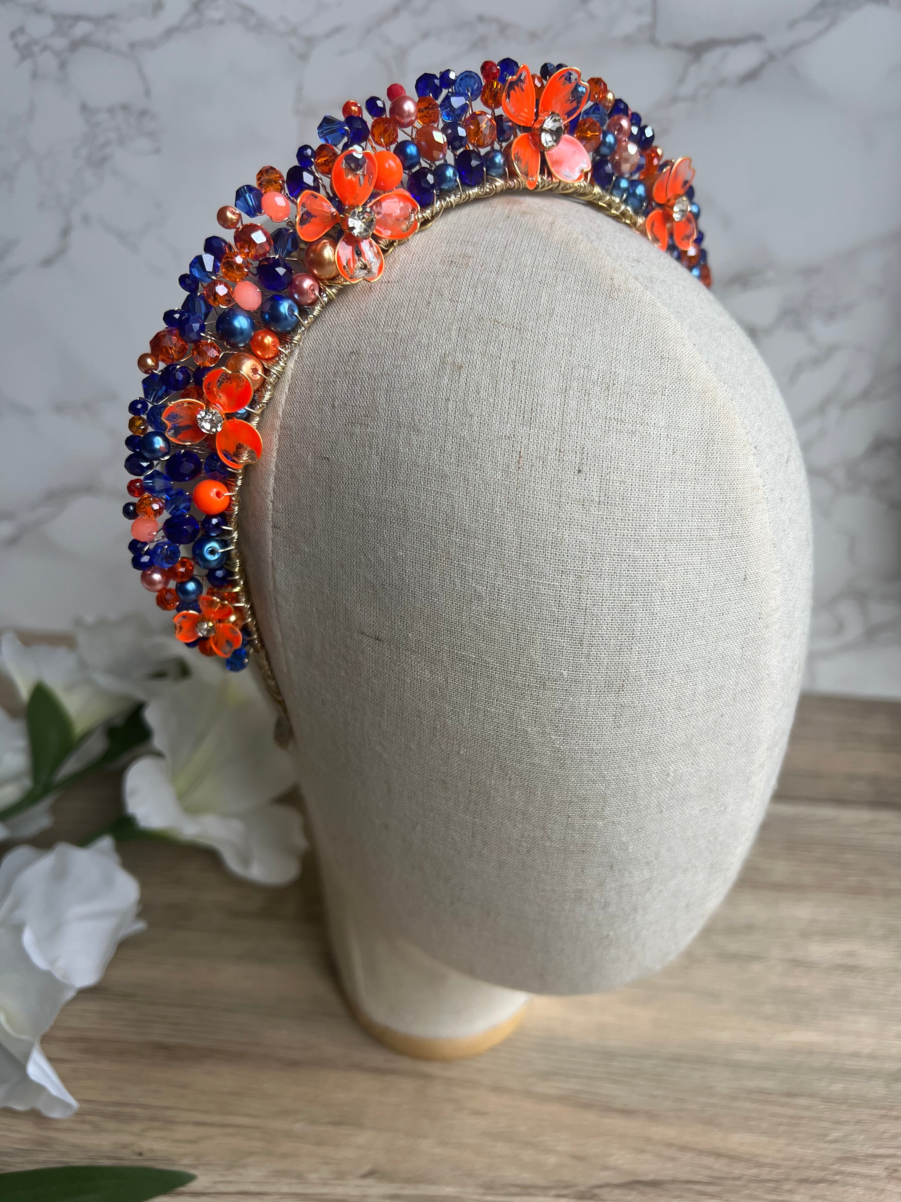 Royal Blue and Orange Flora crown Royal Blue and Orange Flora crown Precius pearls