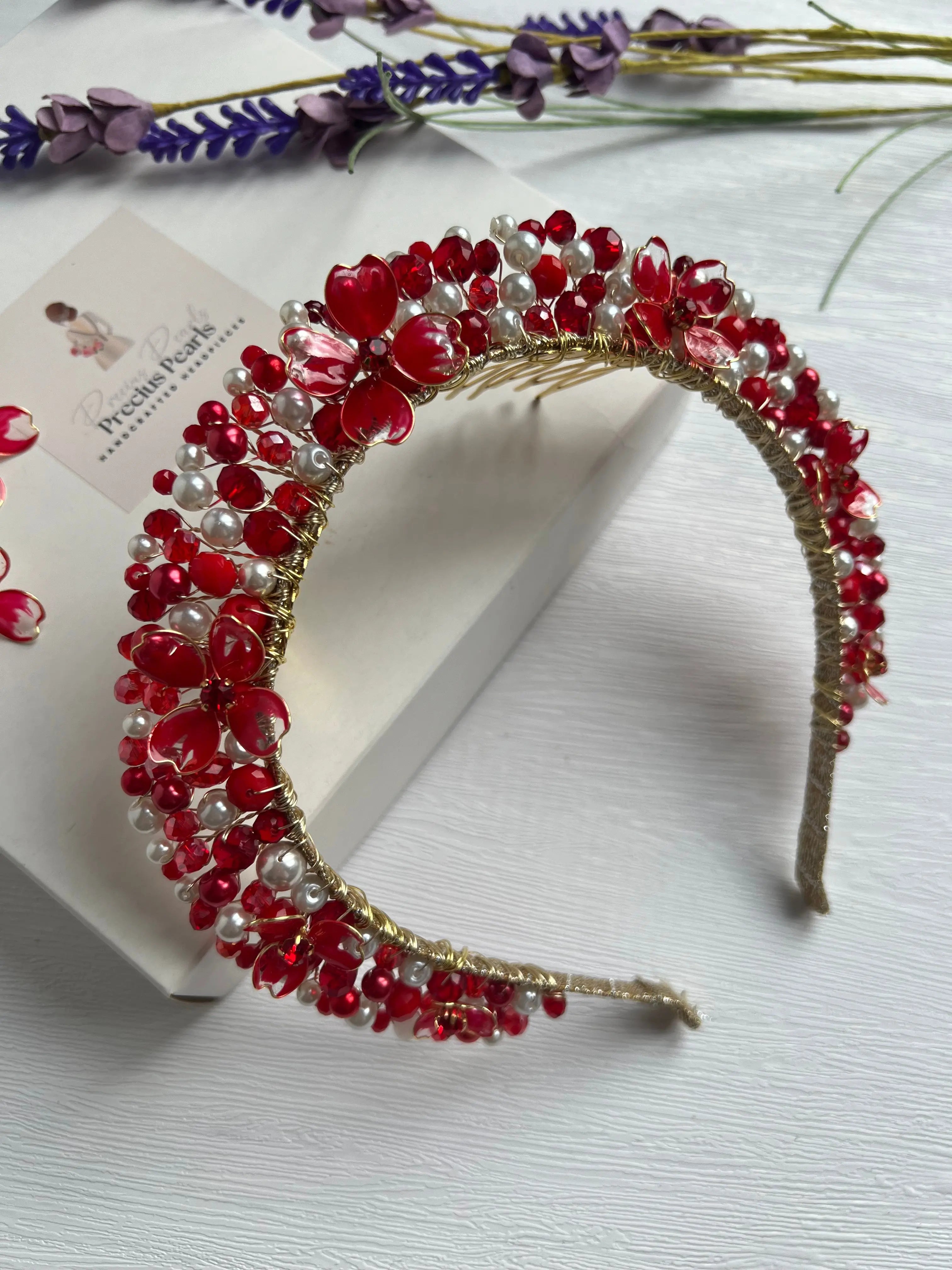 Red and Pearl wedding guest headpiece, Red Pearl Crown Red and Pearl wedding guest headpiece, Red Pearl Crown Precius pearls