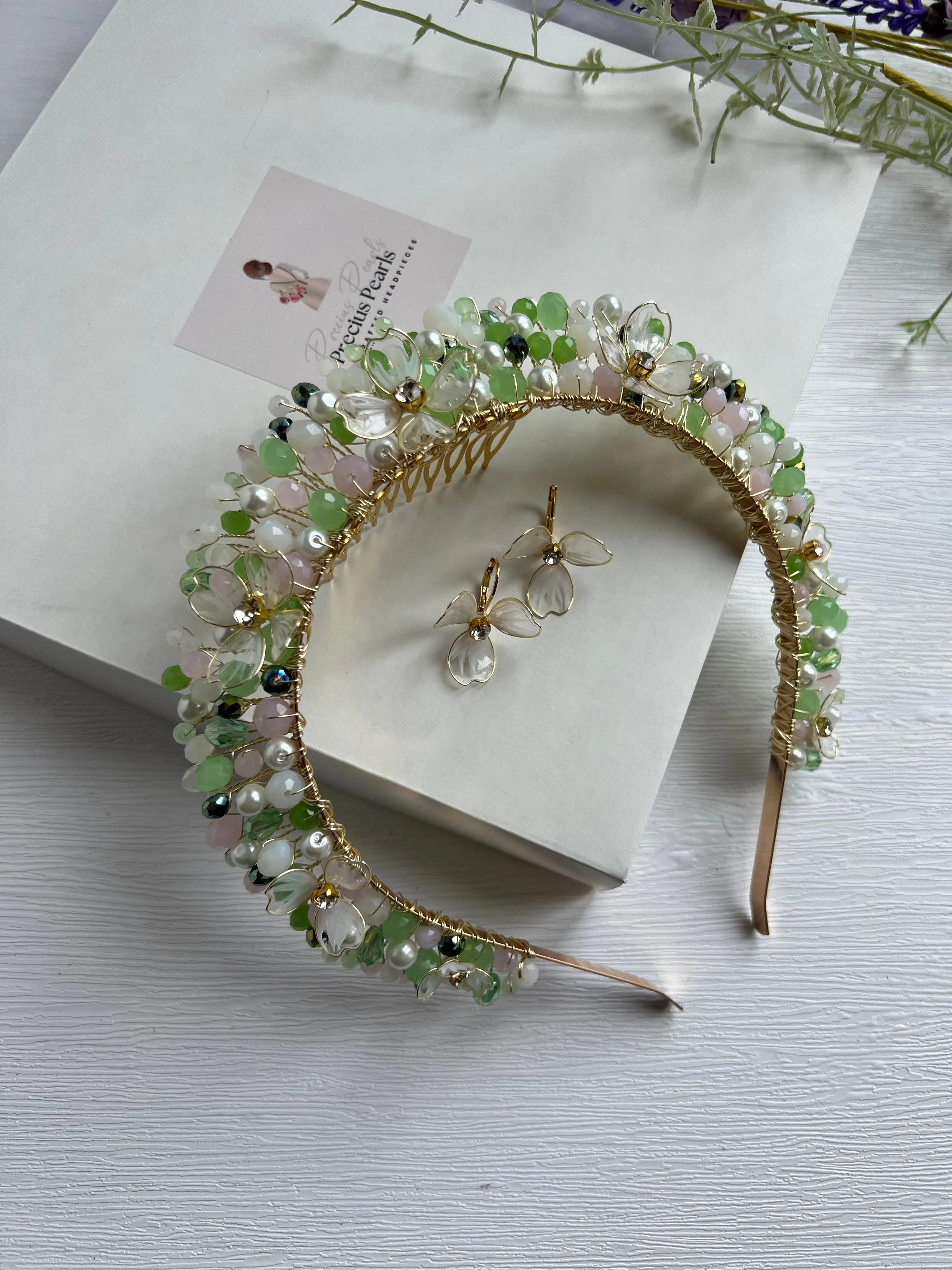 White & Pink & Green Flower Crown
