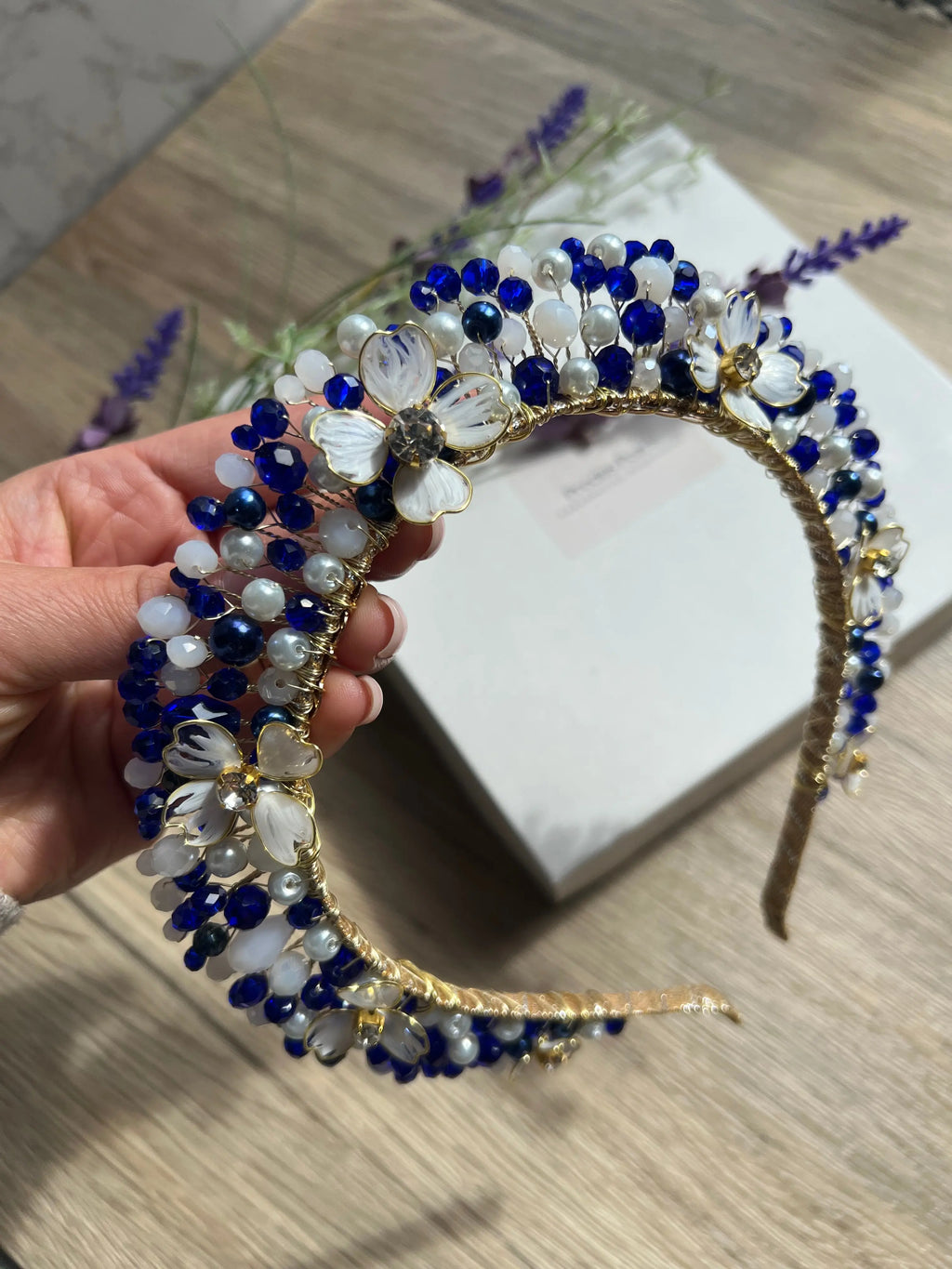 White and Majestic blue Flora crown
