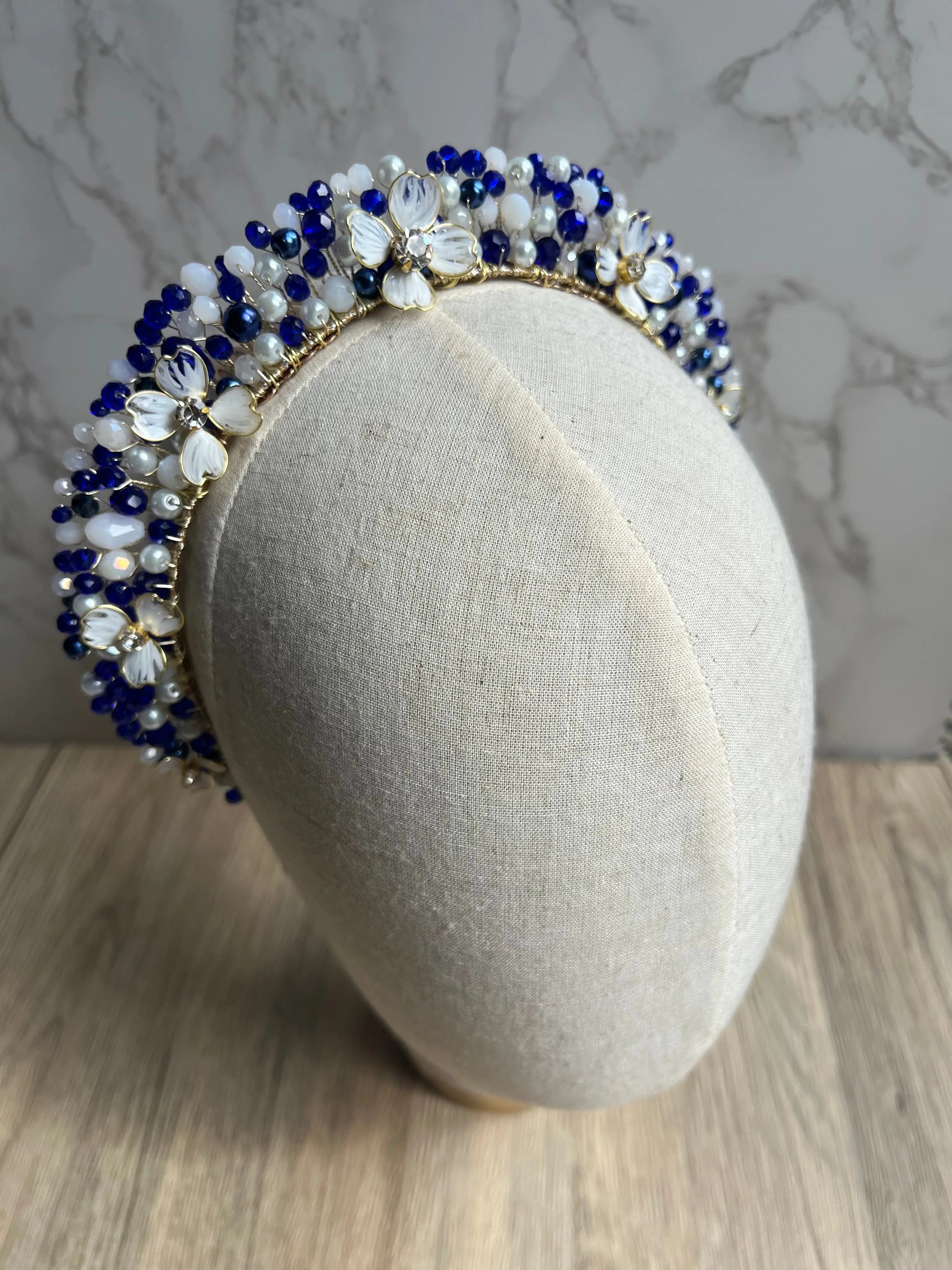 White and Majestic blue Flora crown