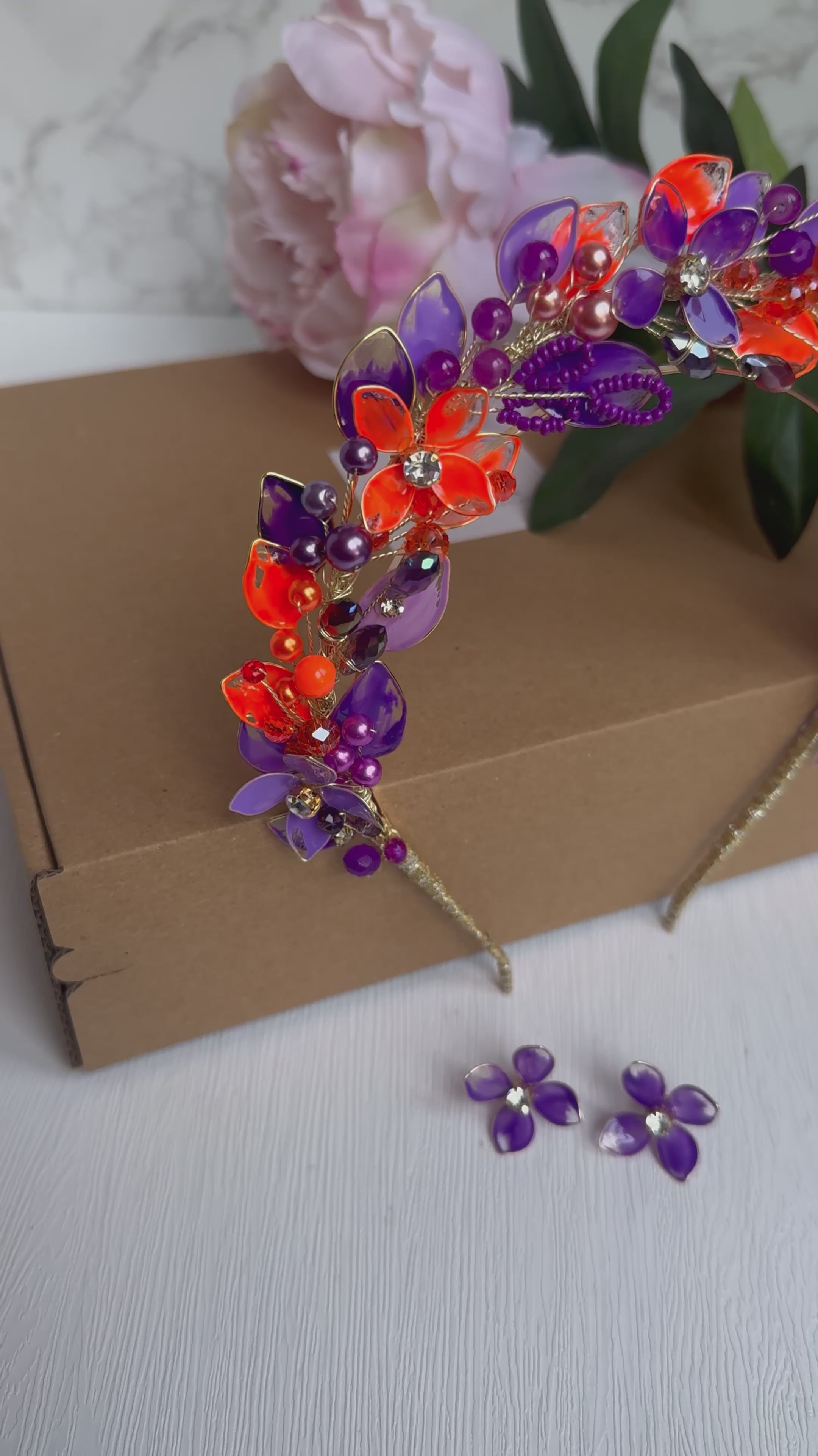 Purple and Orange halo wedding guest headpiece