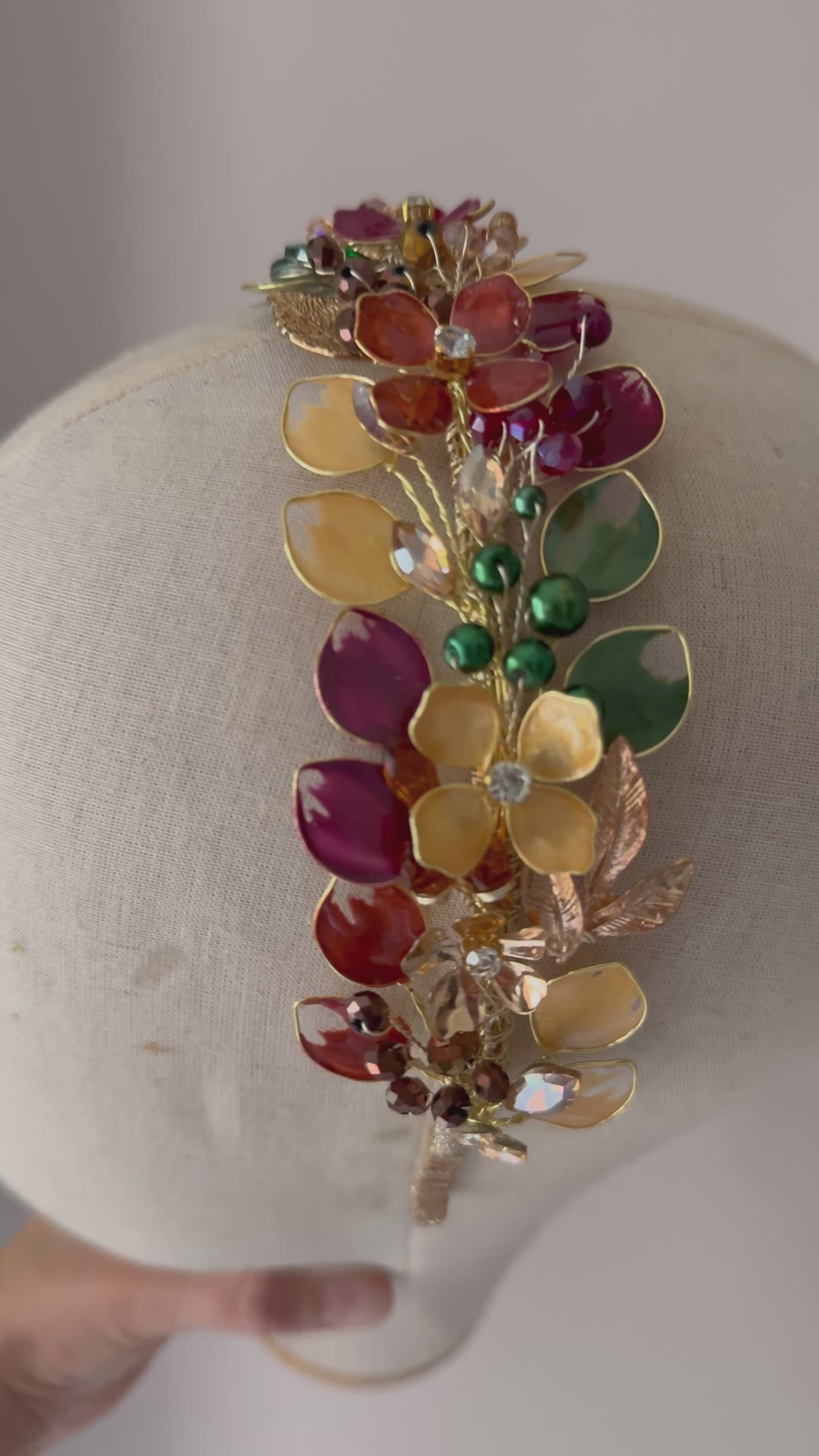 Burgundy, Green and Gold wedding guest headpiece
