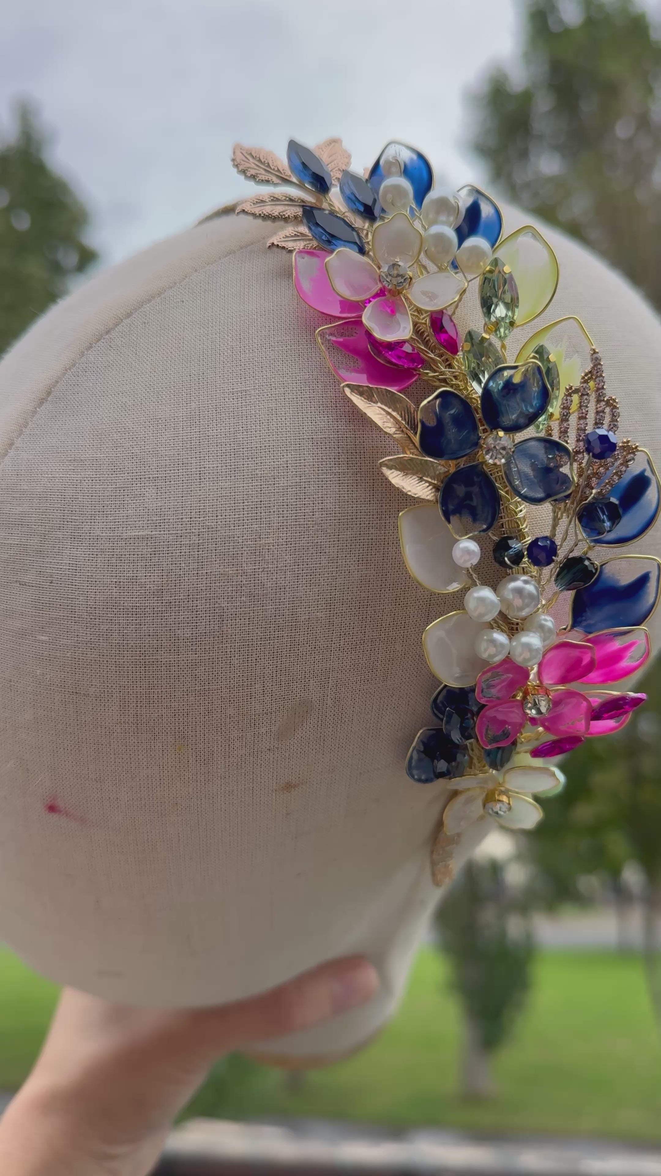 Navy, Pink and White side Headpiece