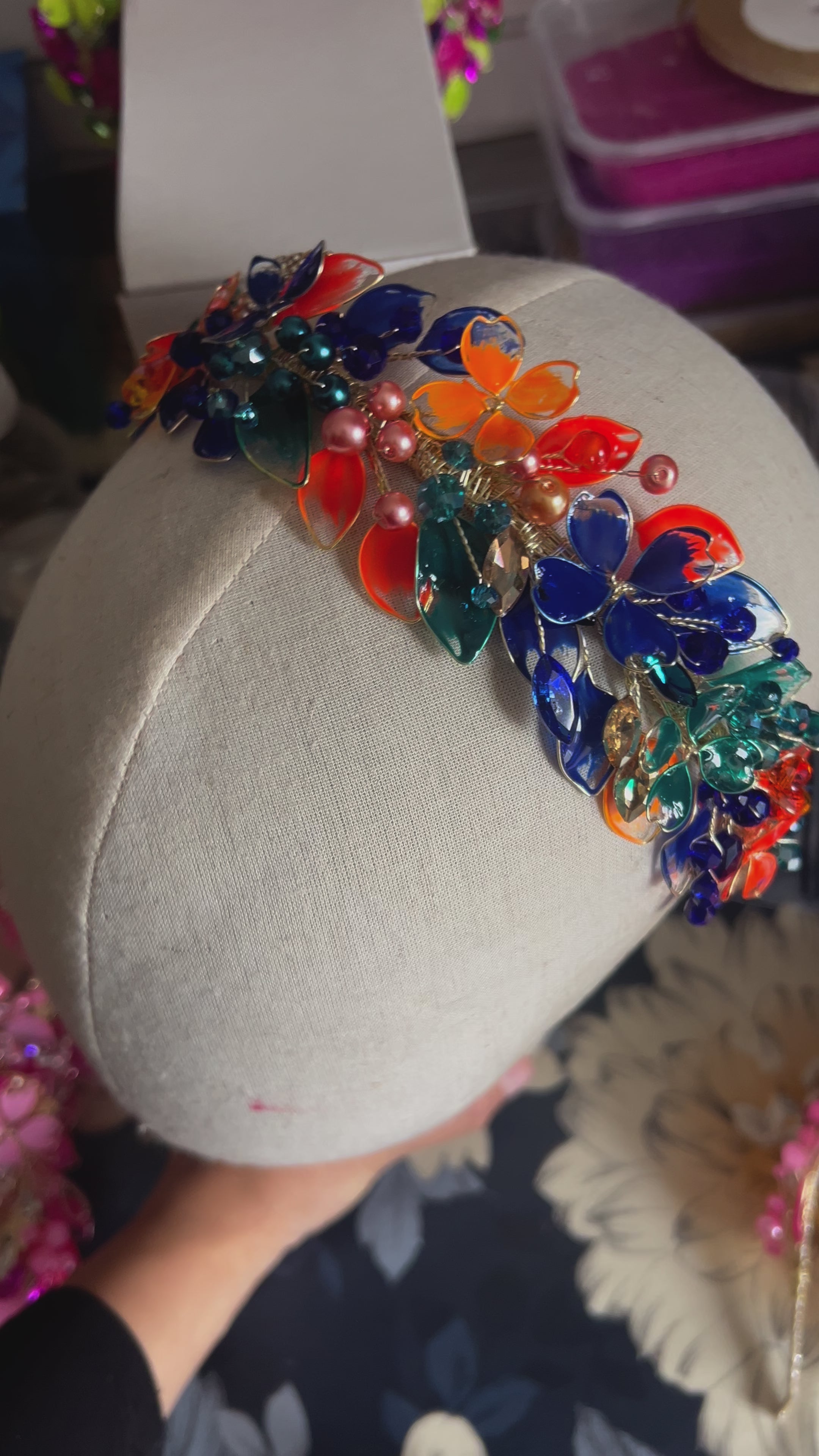 Orange, Teal and Royal Blue wedding guest headpiece
